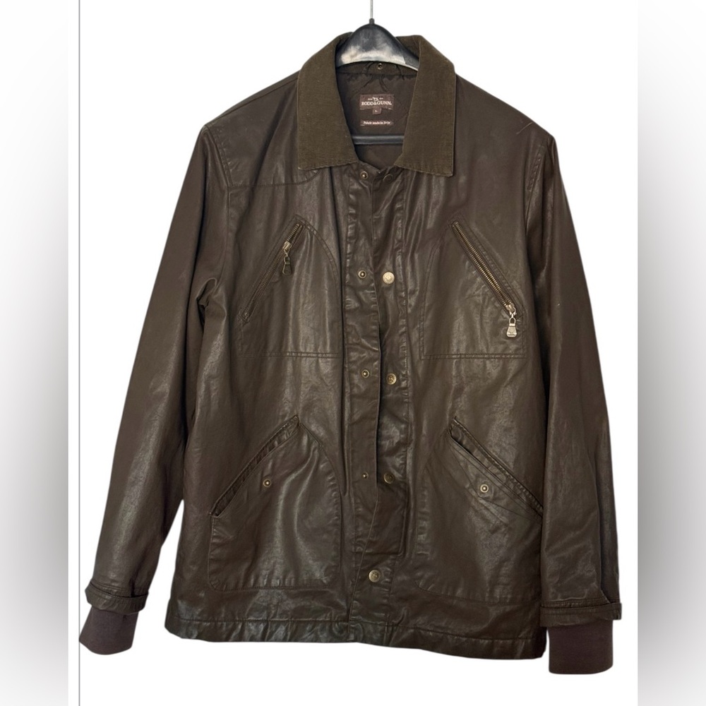 Rodd & Gunn Waxed Cotton Field/ Barn Jacket Angled Zipper Brown SzL Pockets